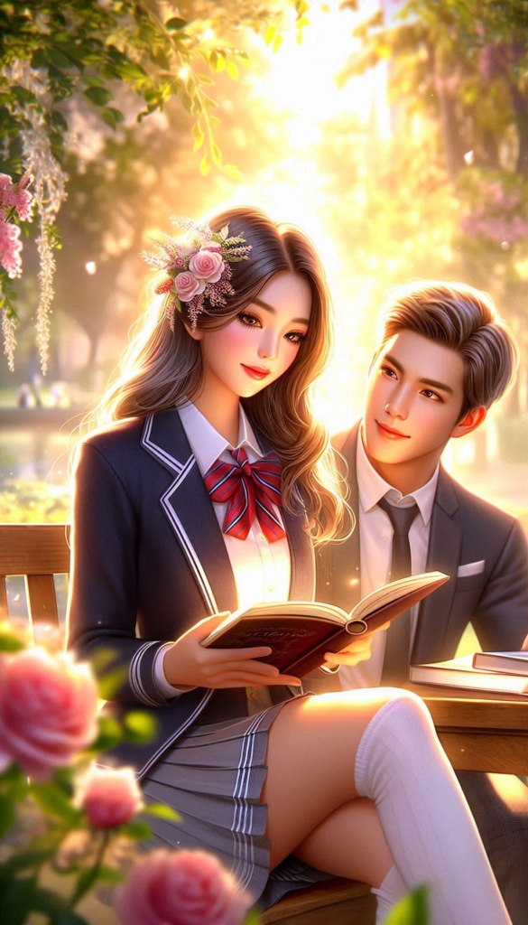 Anime couple reading book cover