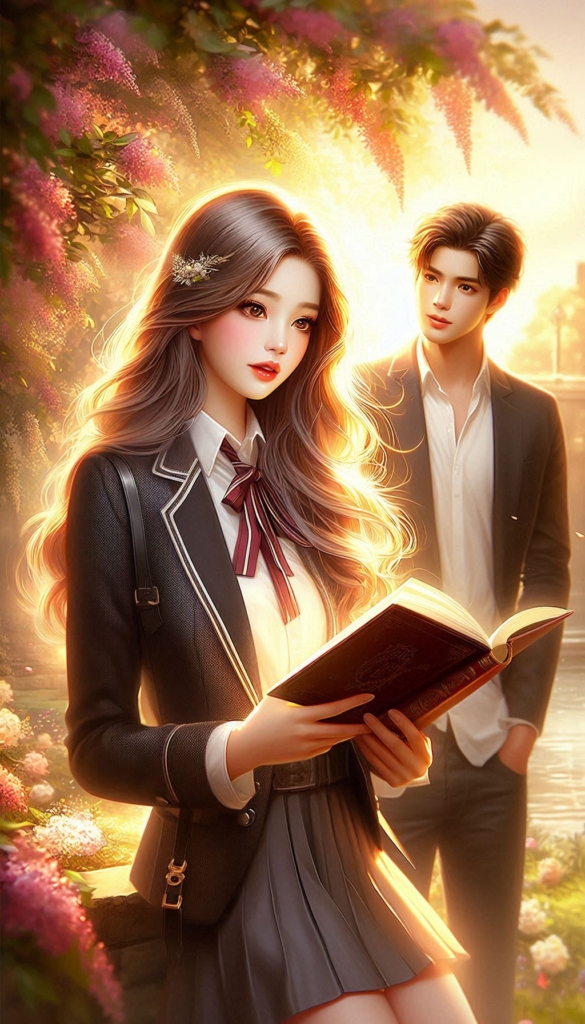 Anime couple reading book cover