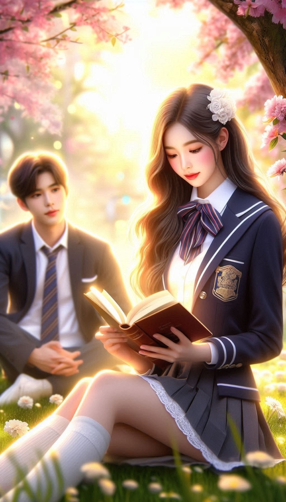 Anime couple reading book cover