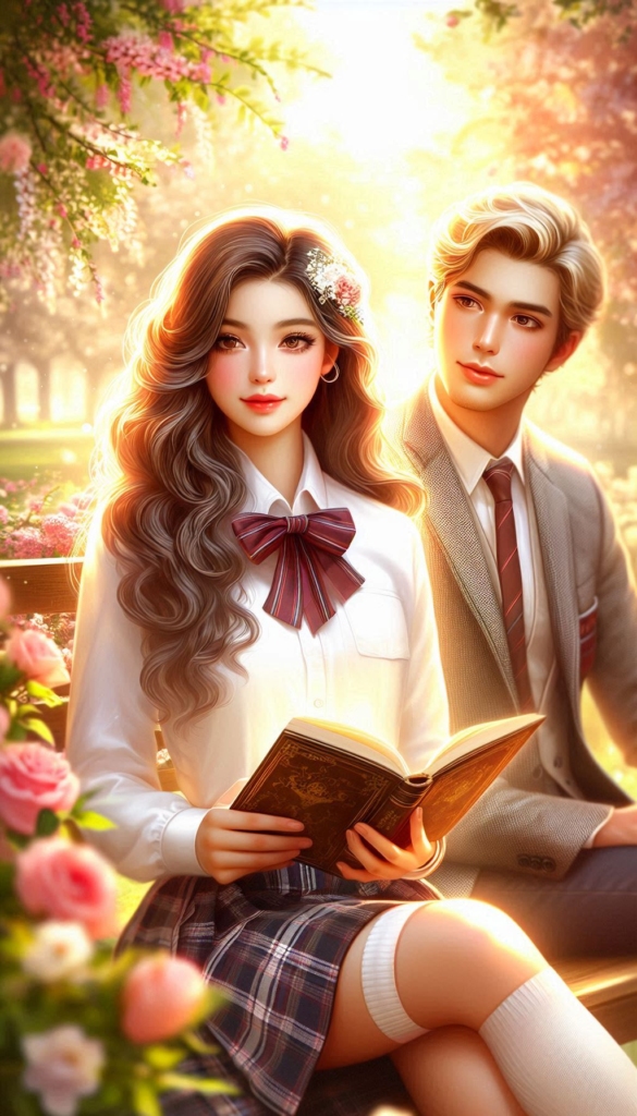 Anime couple reading book cover