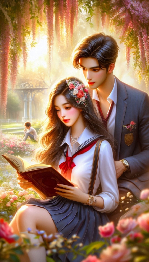 Anime couple reading book cover