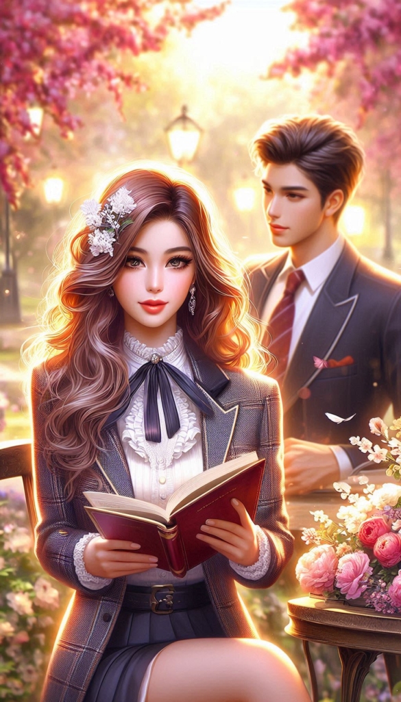 Anime couple reading book cover