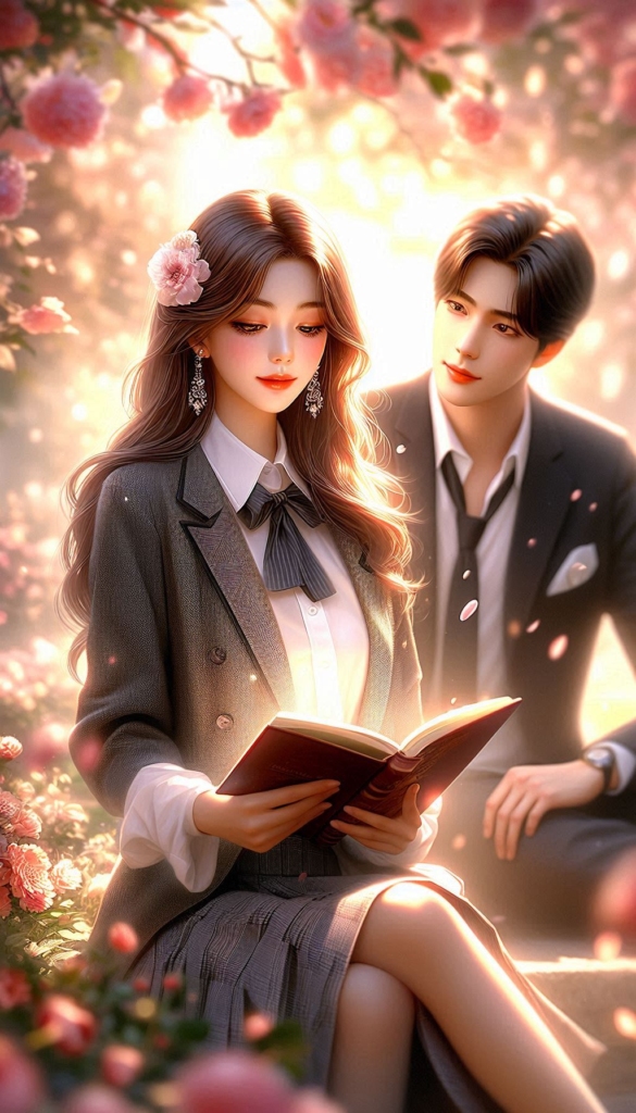 Anime couple reading book cover