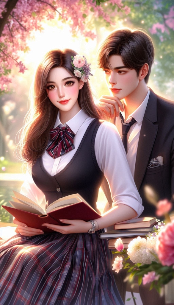 Anime couple reading book cover