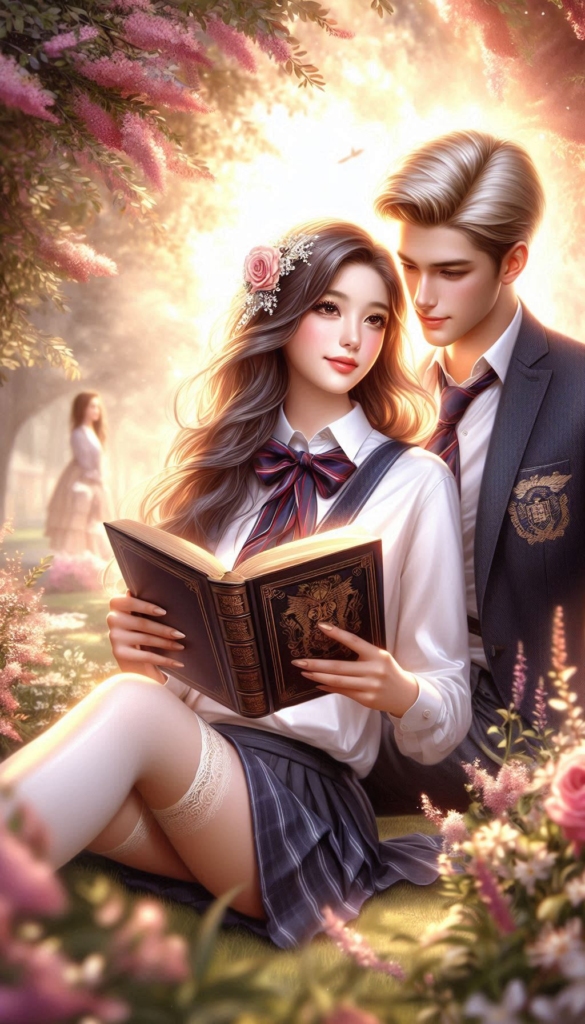 Anime couple reading book cover