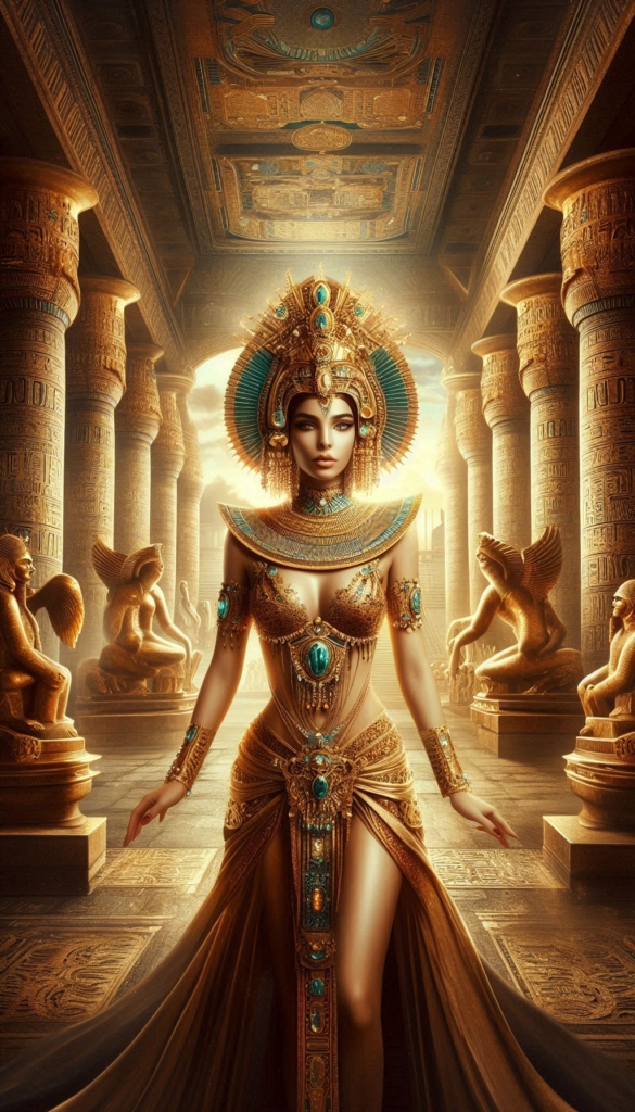 Egyptian Queen with gold and jeweled book cover