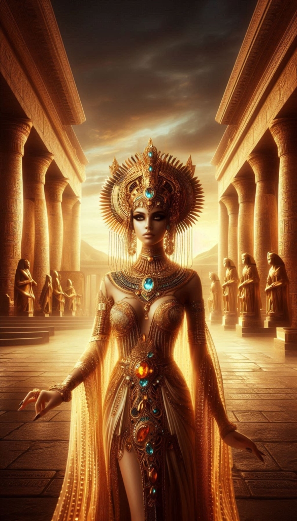 Egyptian Queen with gold and jeweled book cover