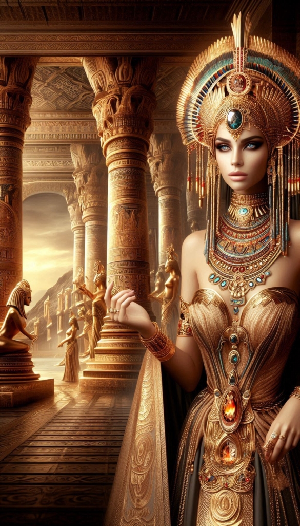 Egyptian Queen with gold and jeweled book cover