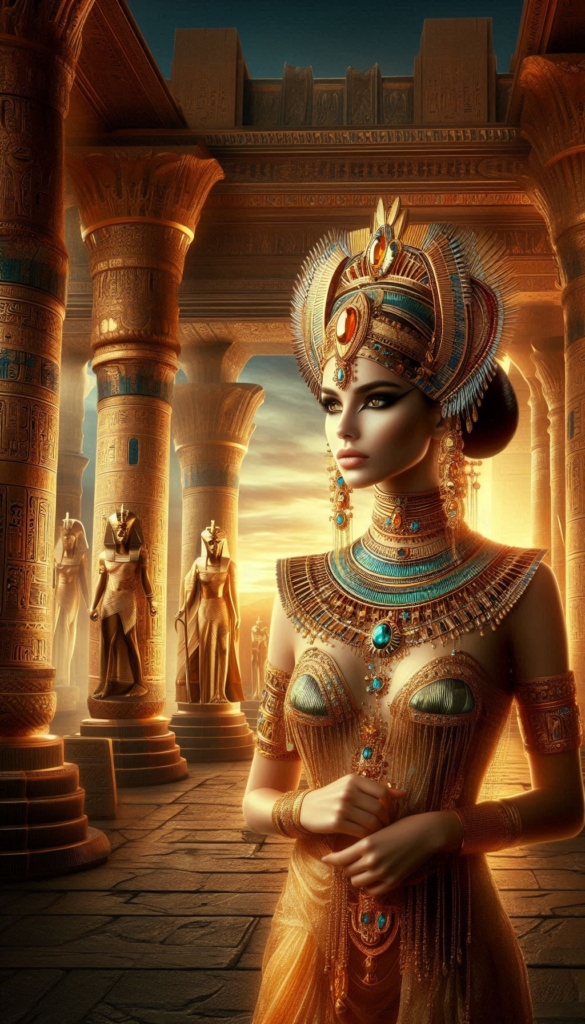 Egyptian Queen with gold and jeweled book cover