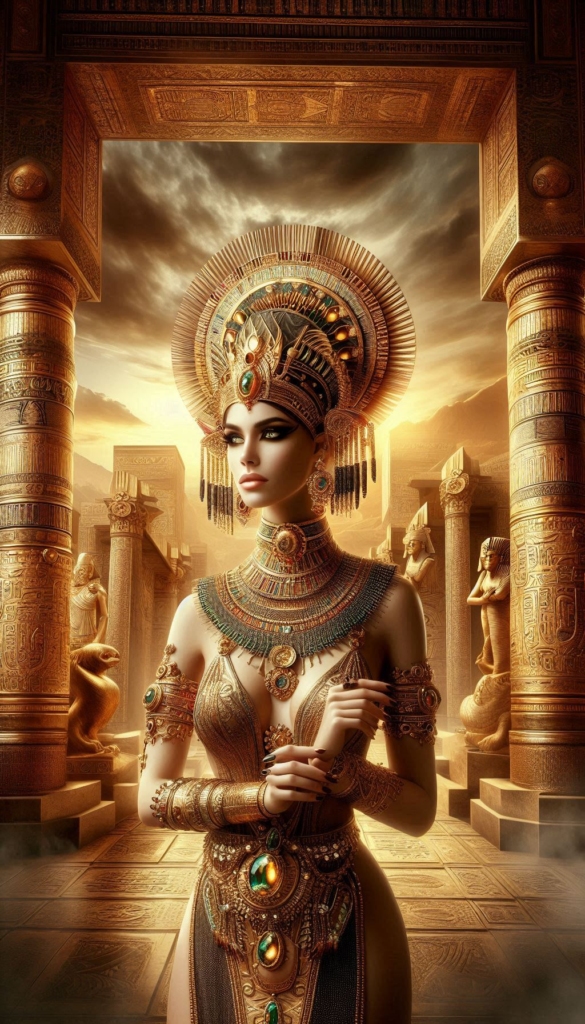 Egyptian Queen with gold and jeweled book cover