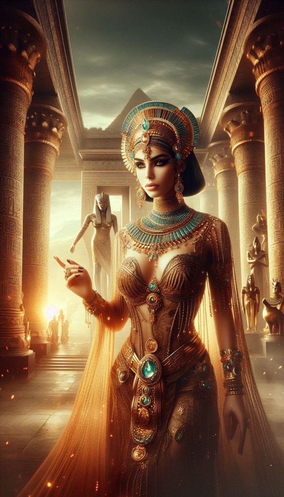 Egyptian Queen with gold and jeweled book cover