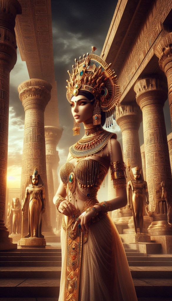 Egyptian Queen with gold and jeweled book cover