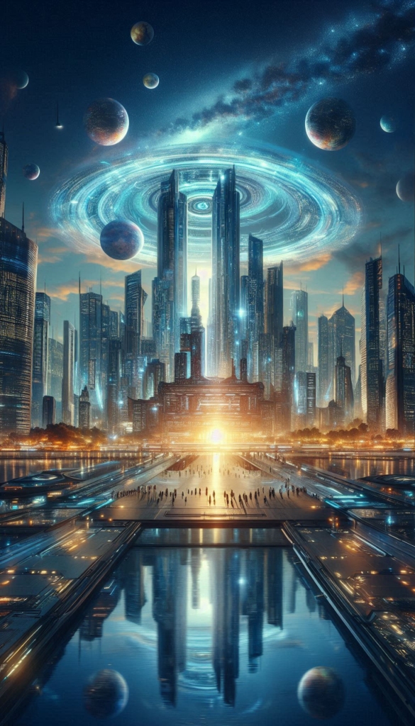 Futuristic City with Planets book cover