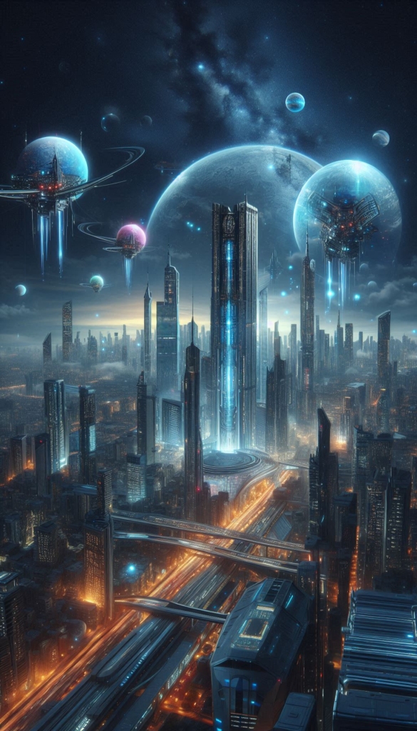 Futuristic City with Planets book cover