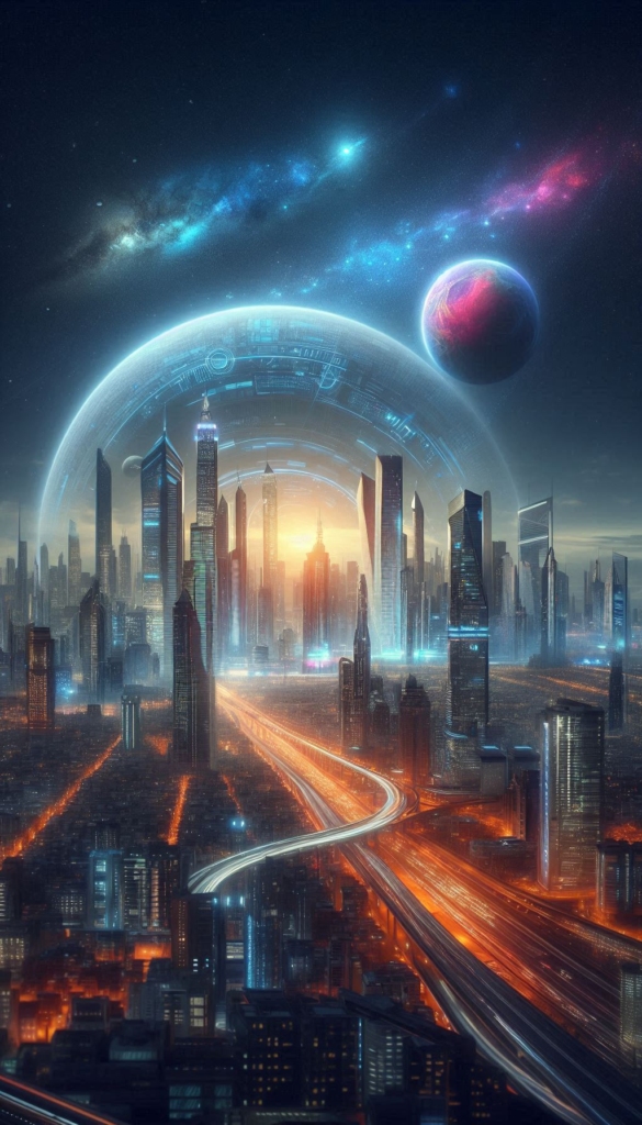 Futuristic City with Planets book cover