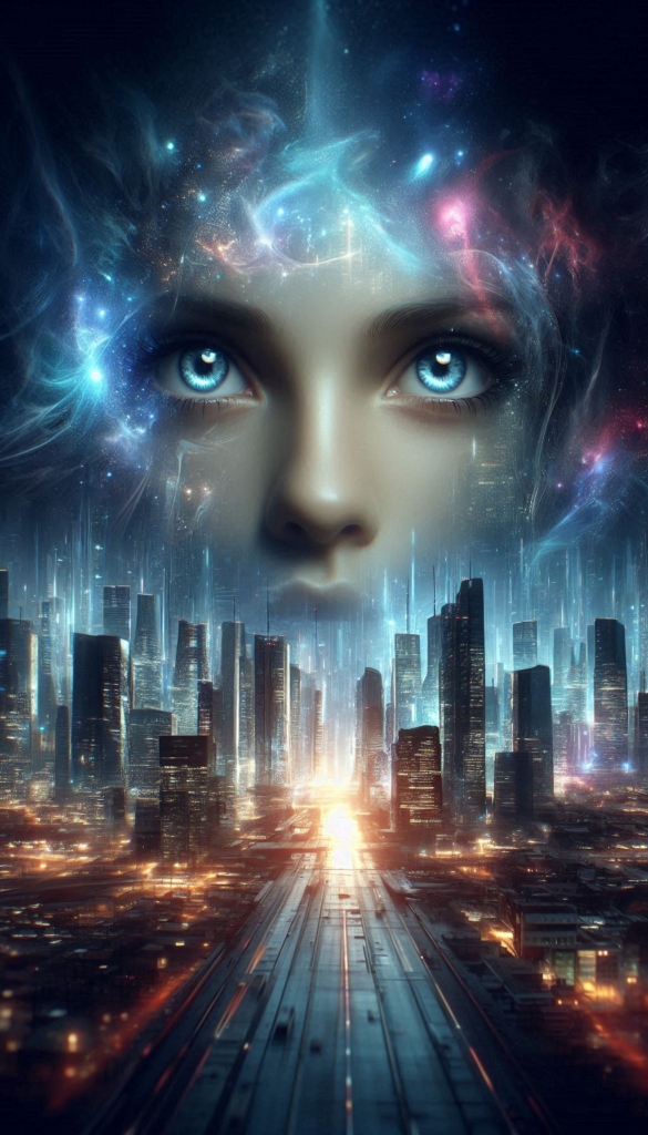 Futuristic Cityscape with Cosmic Face book cover