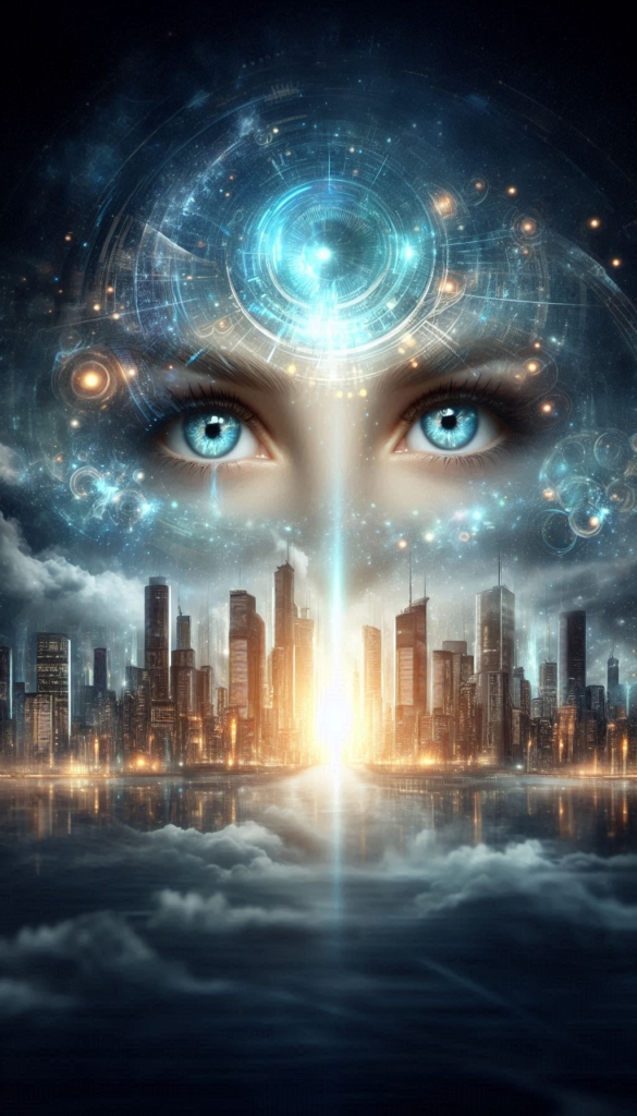 Futuristic Cityscape with Cosmic Face book cover