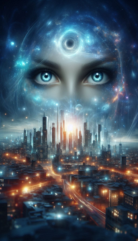 Futuristic Cityscape with Cosmic Face book cover 