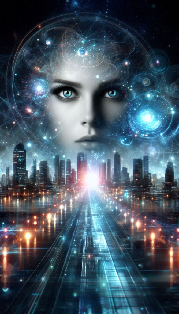 Futuristic Cityscape with Cosmic Face book cover 