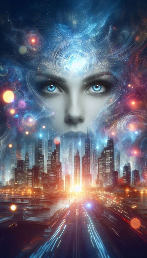 Futuristic Cityscape with Cosmic Face book cover 