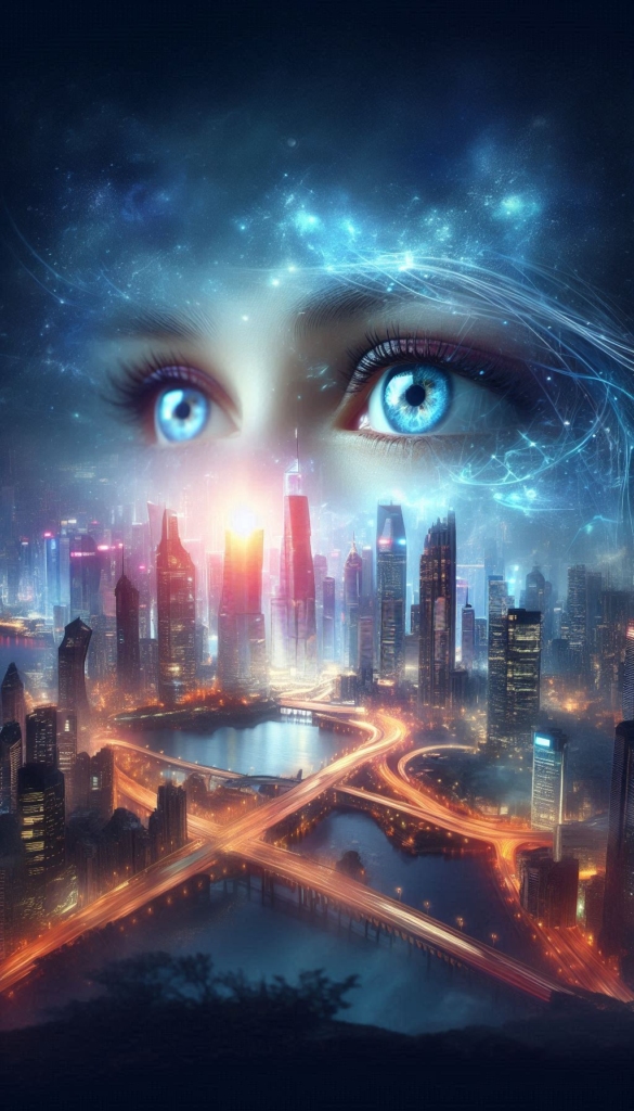 Futuristic Cityscape with Cosmic Face book cover