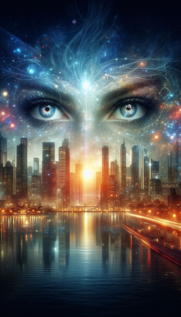 Futuristic Cityscape with Cosmic Face book cover