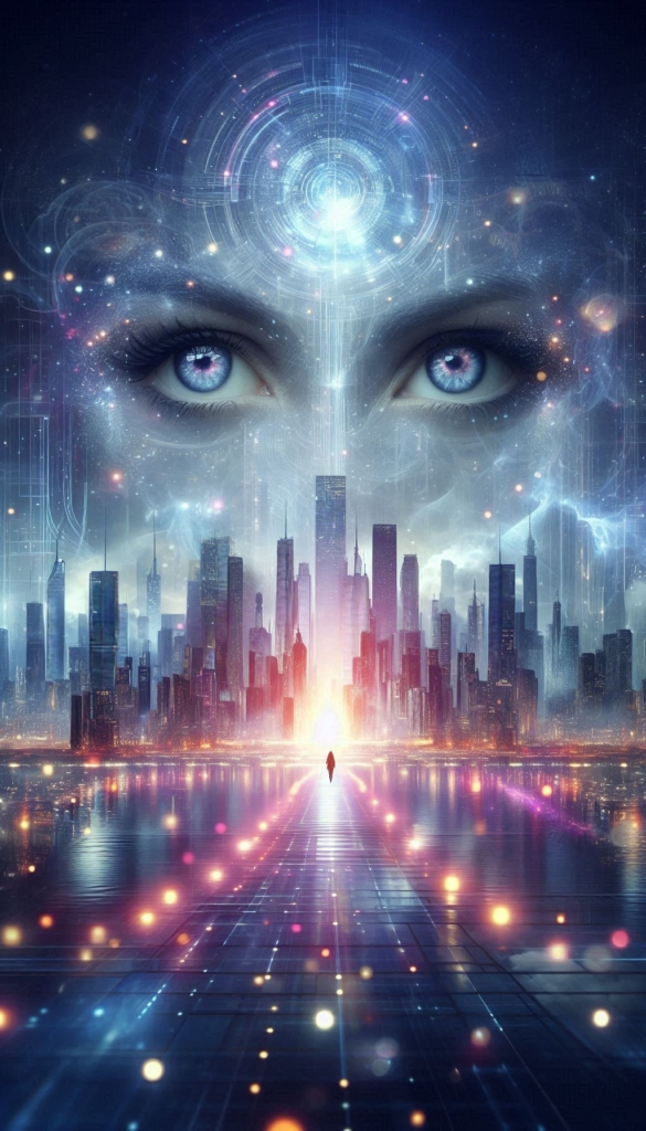 Futuristic Cityscape with Cosmic Face book cover