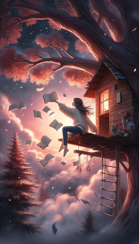 Girl in Treehouse with Flying Books