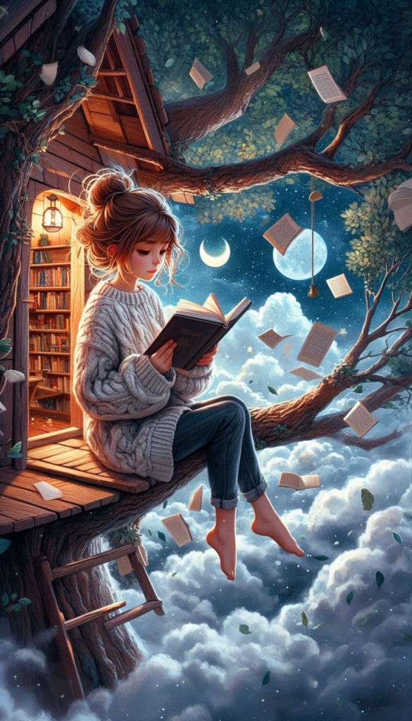 Girl in Treehouse with Flying Books