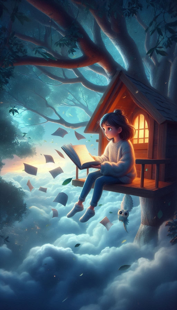 Girl in Treehouse with Flying Books