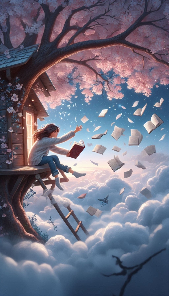 Girl in Treehouse with Flying Books