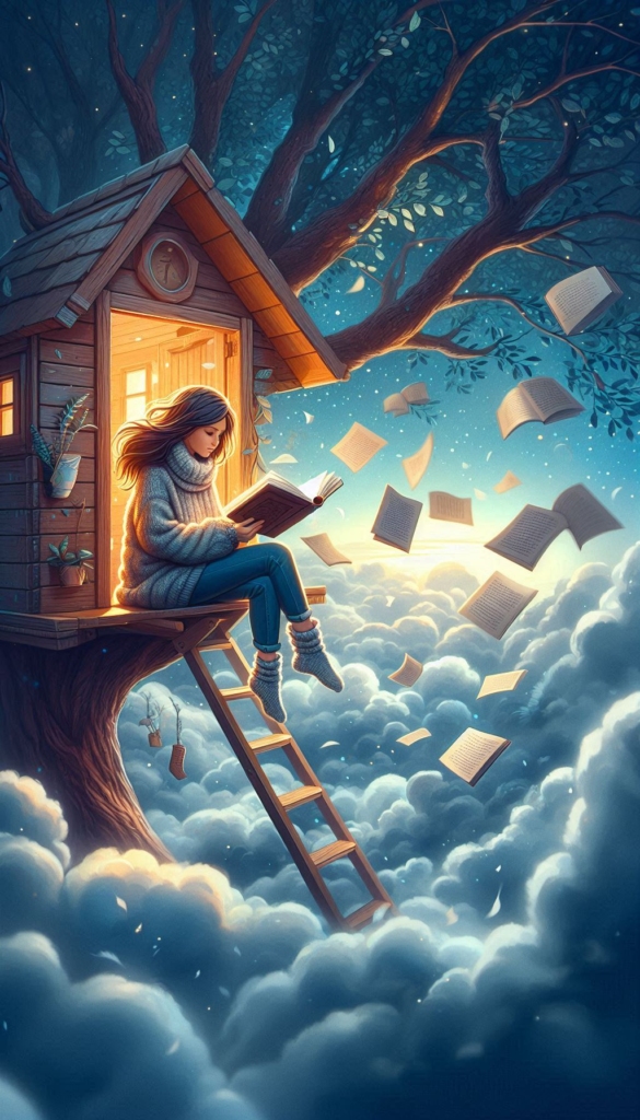 Girl in Treehouse with Flying Books