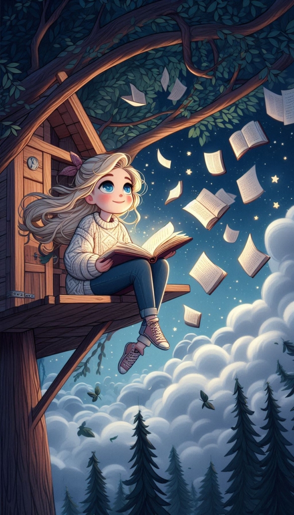 Girl in Treehouse with Flying Books