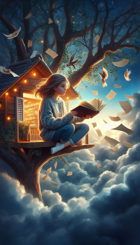 Girl in Treehouse with Flying Books