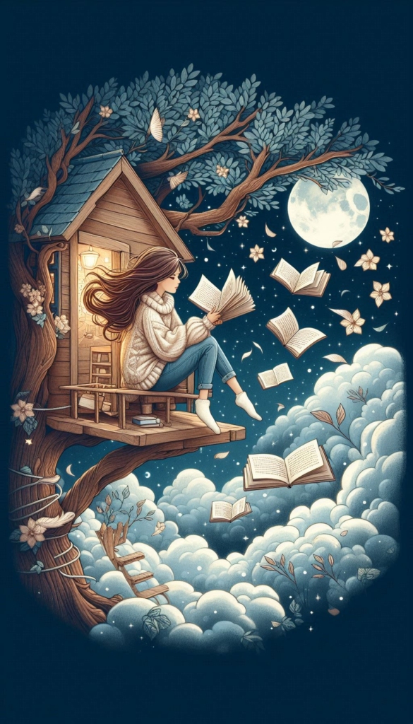 Girl in Treehouse with Flying Books