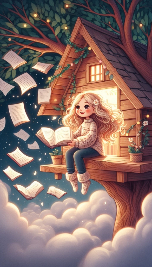 Girl in Treehouse with Flying Books