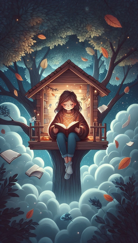 Girl in Treehouse with Flying Books