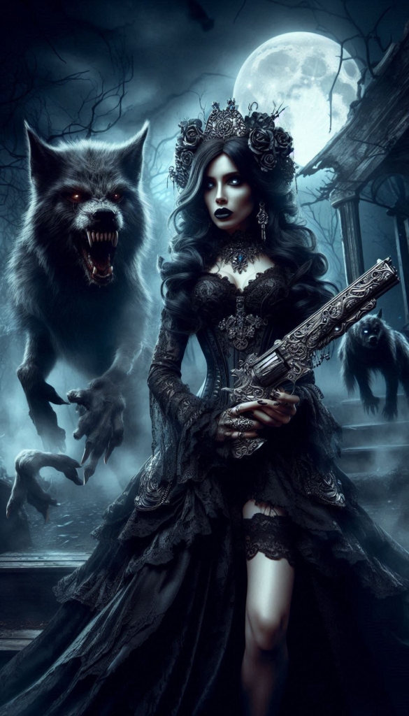 Gothic woman and werewolf book cover 