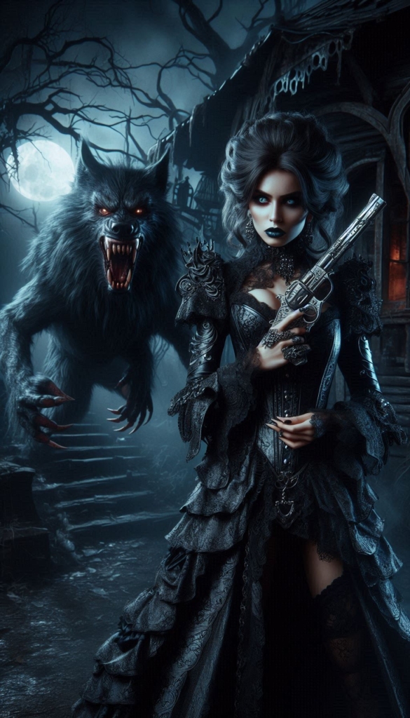 Gothic woman and werewolf book cover 