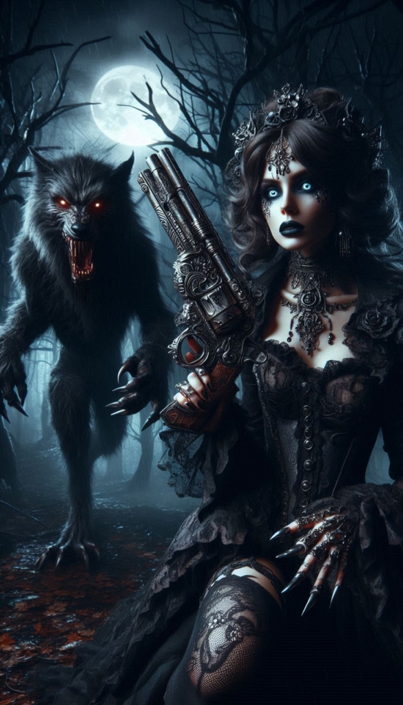 Gothic woman and werewolf book cover 