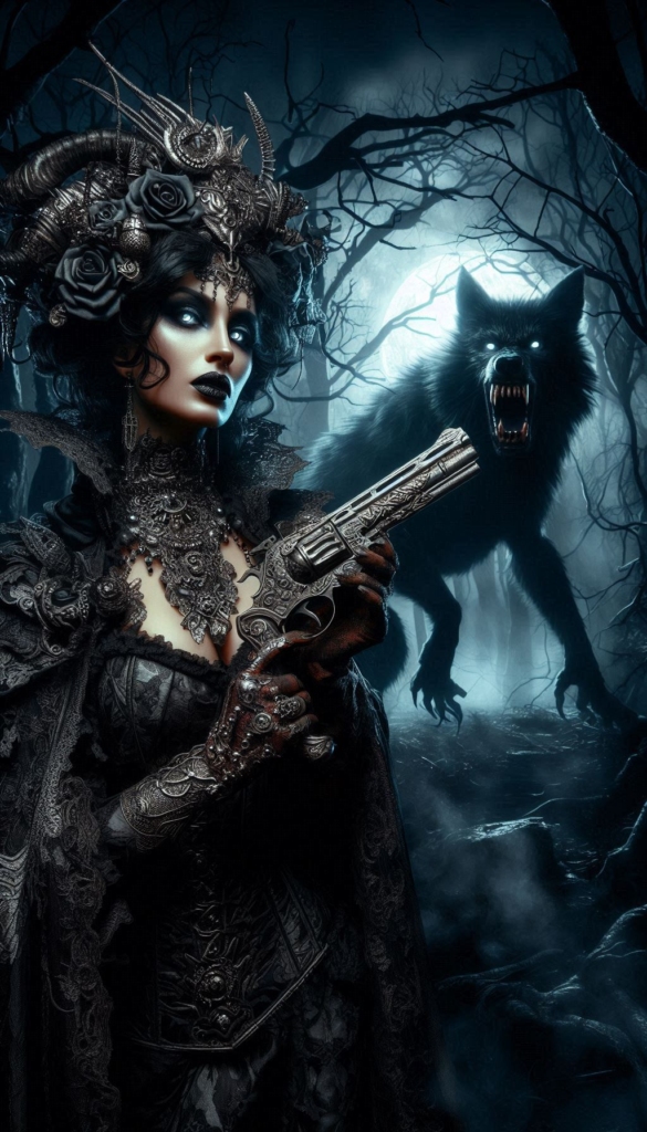 Gothic woman and werewolf book cover 