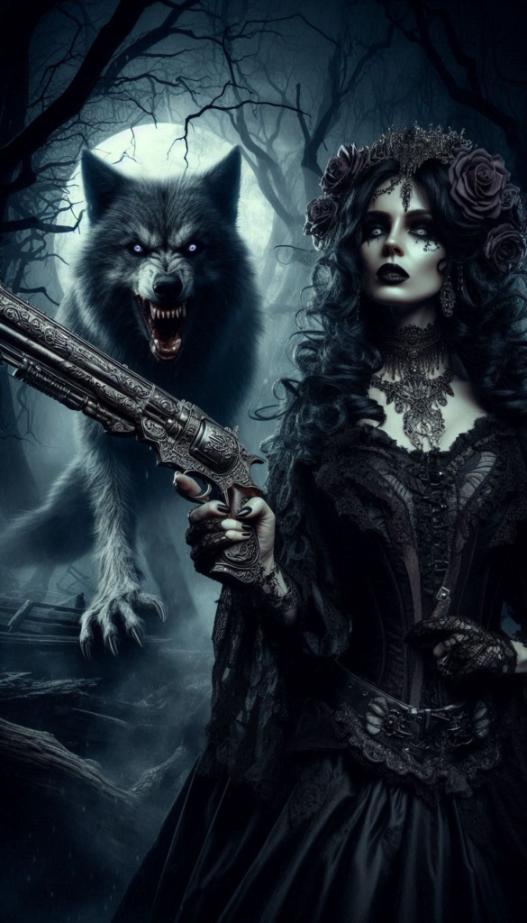 Gothic woman and werewolf book cover