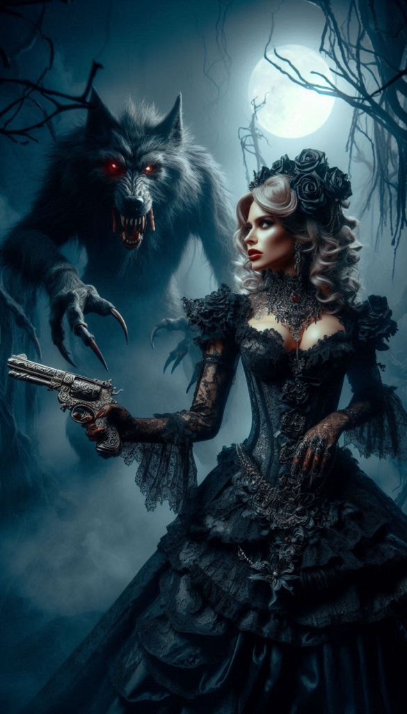 Gothic woman and werewolf book cover