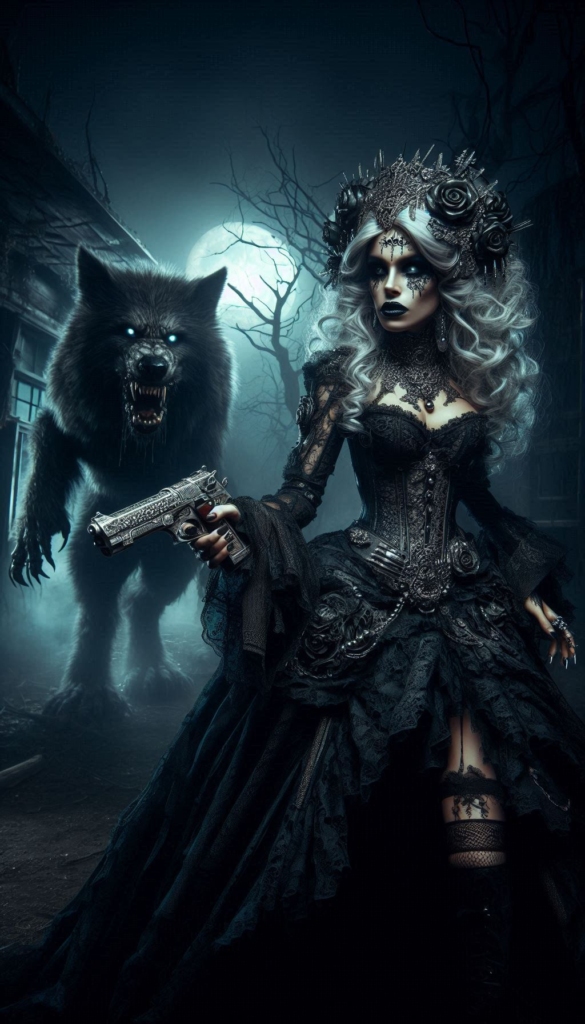 Gothic woman and werewolf book cover