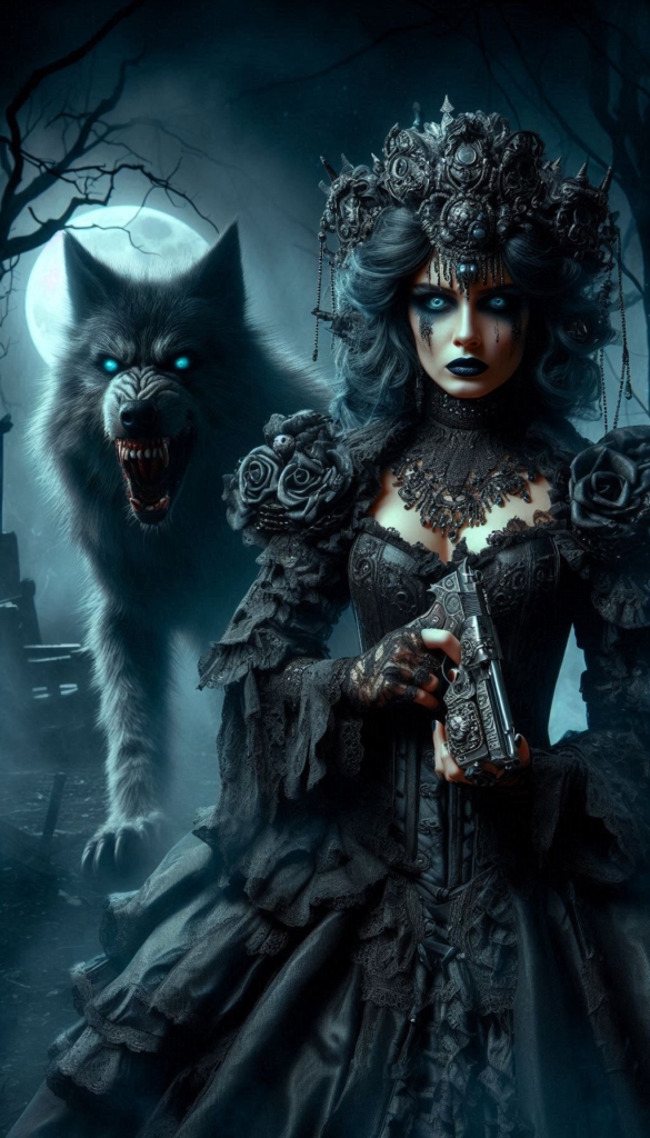 Gothic woman and werewolf book cover