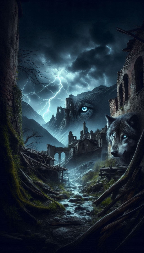 Haunted ruins with wolf eyes book cover