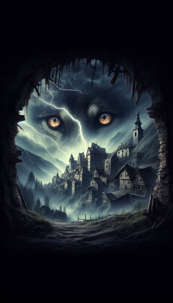 Haunted ruins with wolf eyes book cover