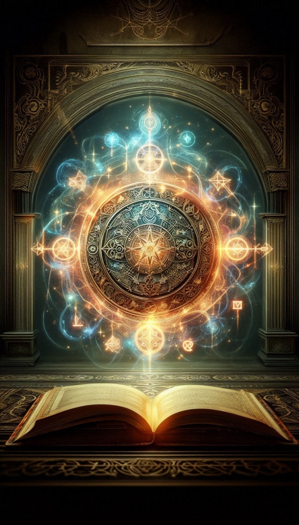 Magic glowing runes and symbols book cover