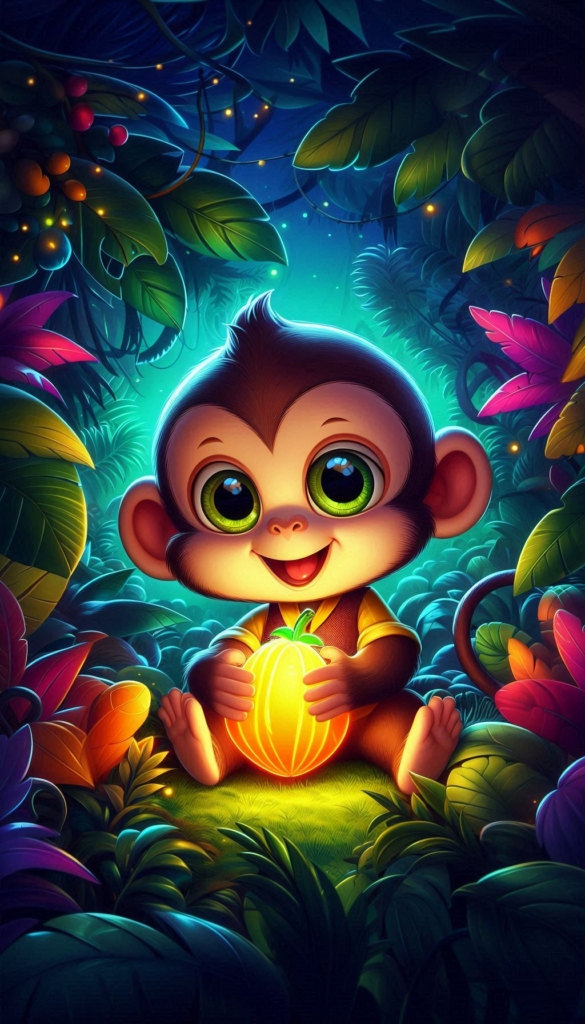 Monkey Holding Glowing Fruit in Jungle ai book Cover Design