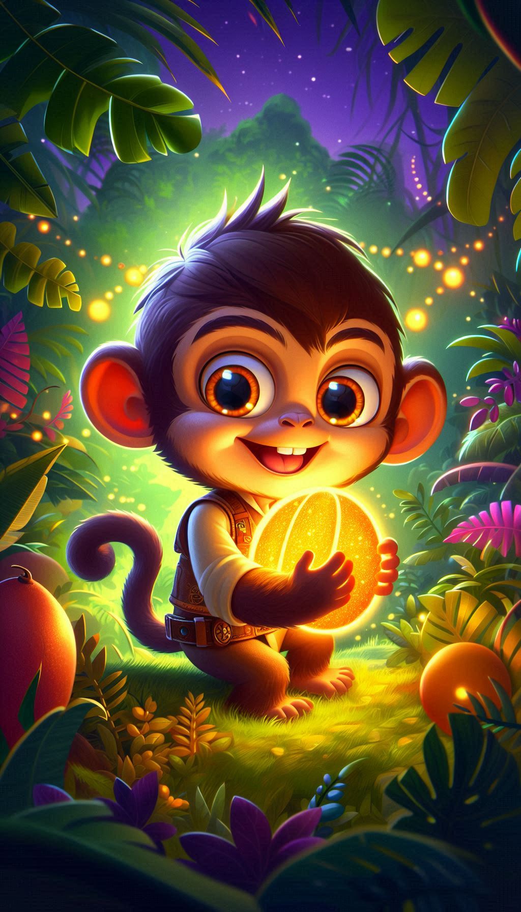 Monkey Holding Glowing Fruit in Jungle ai book Cover Design